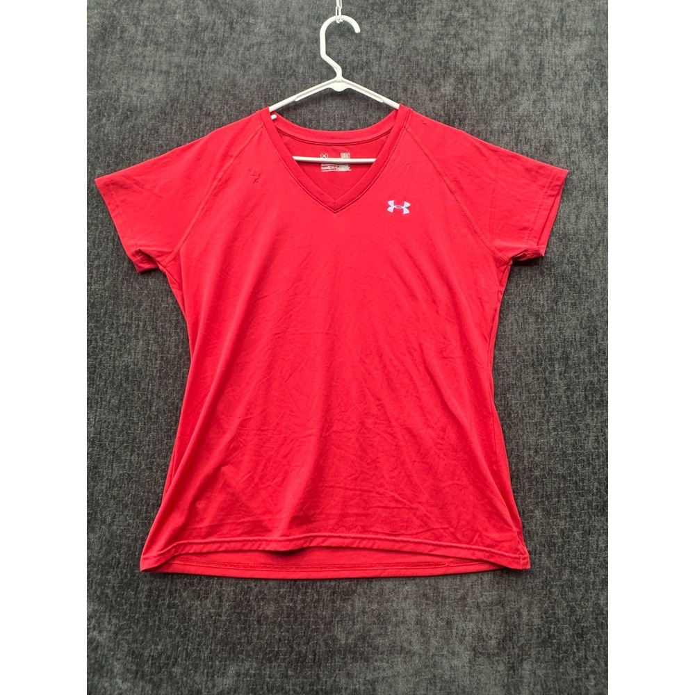 Under Armour Heatgear T-Shirt Womens Large Red Logo Semi-Fitted Workout Athletic